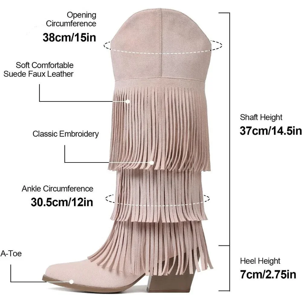 Women Retro Pointed Faux Suede Apricot Fringe Knee High Western Cowgirl Boot
